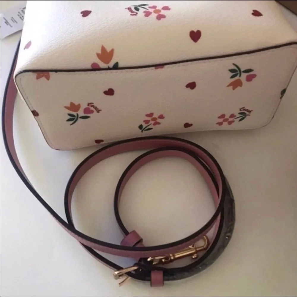 Coach Small Town Bucket Pink Leather Signature Canvas Heart Petal Print Chalk
